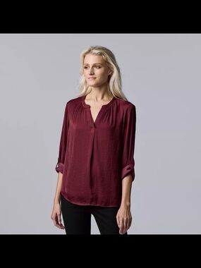 Simply Vera Vera Wang Burgundy Notch-Neck Roll-Tab Blouse